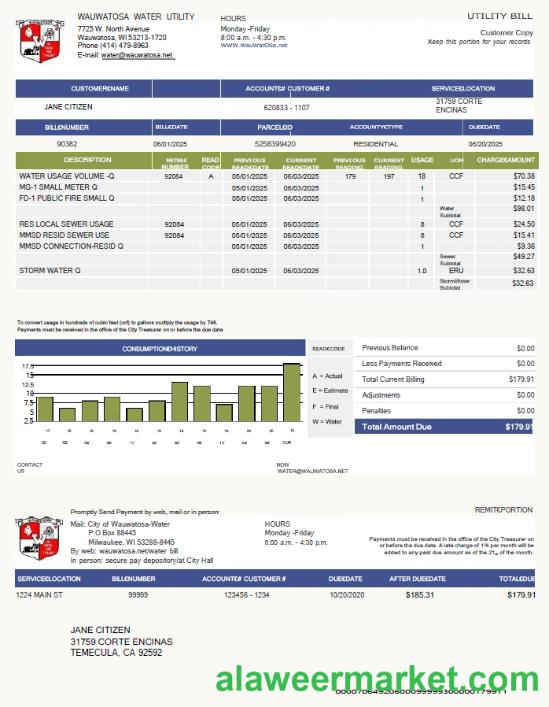 USA Wauwatosa Water utility bill template in Word and PDF formats